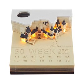 Time Piece Calendar, 2025 Desk Calendar With LED Lights, 3D Castle Calendar Notepad, Tear-Away Notepad, DIY Paper Carving Art Craft for School Home Office (2025 Model)