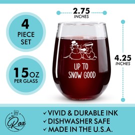 On The Rox Drinks Funny Christmas Wine Glasses - Snowman Printed Stemless Wine Glass Set of 4 - Wine Holiday Gifts for Her - Christmas Cocktail Glasses and Drinkware - Wine Gift Sets for Christmas