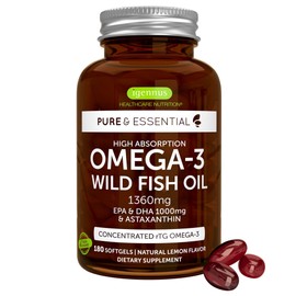 Pure  Essential Super Concentrated rTG Omega 3 1000mg, Wild Fish Oil 1000mg EPA DHA, 21 Ratio, Non-GMO, Astaxanthin 1mg, Lemon Flavor, 180 Capsules   