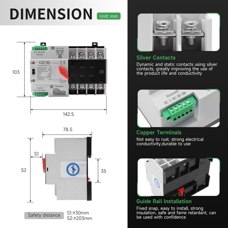Mini ATS Automatic Transfer Switch 100A AC 110V, IGEYAPA 4POLE