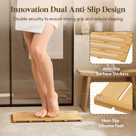 Lifewit Bamboo Bath Mat for Non Slip, 2 Pack 21x14.2 inches Foldable Wooden Shower Mat, Waterproof Bamboo Bathroom Mat for Sauna Spa Pool Indoor Outdoor Use, Natural