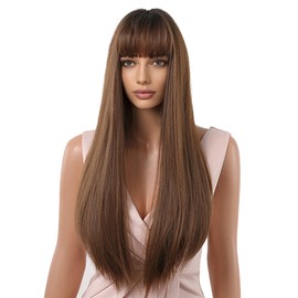 Long Black Wig Human Hair with Bangs and Wig Cap Glueless Straight Natural  Wigs 26 Inch