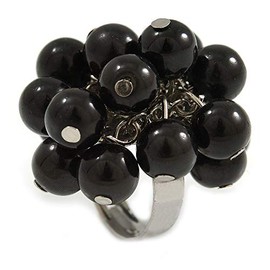 Avalaya Black Faux Pearl Bead Cluster Ring in Silver Tone Metal - Adjustable 7/8