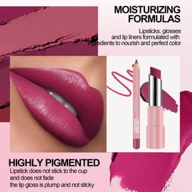 Purple Pink Lipstick Lip Liner Set, Violet Matte Lipliner Long Lasting Waterproof Lip Stick, Full-Coverage Highly Pigmented Classic Lip Sticks Lipliner Set, Gift for Women