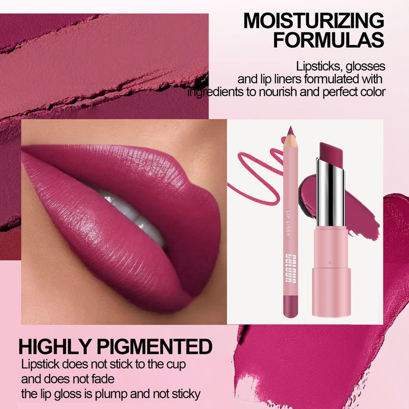 Purple Pink Lipstick Lip Liner Set, Violet Matte Lipliner Long