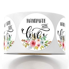 Floral Handmade with Love Stickers, 1.4 Inches Round Total 500 Adhesive Labels Per Roll (1 Roll), Handmade Packaging, Homemade with Love Stickers, Baked with Love Stickers Mr.Mug