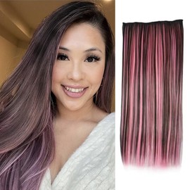 3/4 Full Head Clip in Hair Extensions Mixed Black And Pink Color One Piece Clip In Hair Extensions, 24" Long Straight Highlight 5 Clips Clip in Synthetic Hair Extensions For Girls and Women