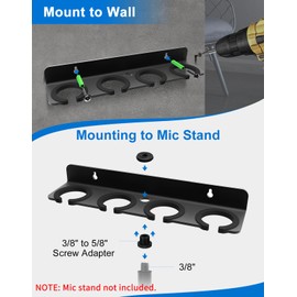 Multi Microphone Holder for Wired and Wireless Mics, Hold Up to 4 Mics, Multiple Mic Organizer storage for Mic Stand, Rubber padding/Wall Mounted or Mounted to 5/8"-27 or 3/8"-16 threaded Stands