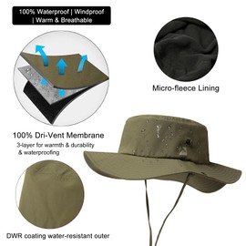 Oversized XL X-Large Waterproof Winter Bucket Fleece Lined Rain Hat Extra Large Big Head Men Women Hiking Cold Weather Fishing Outdoor 60-62CM Green