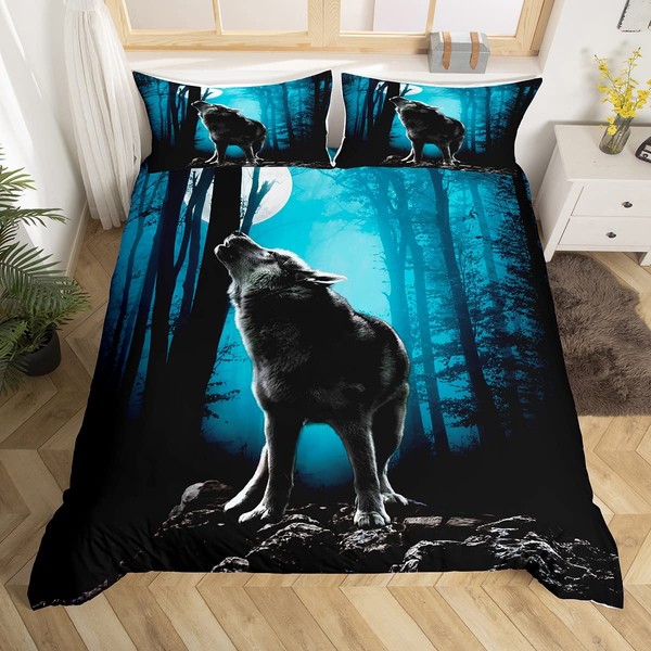 Feelyou Boys Bedding Set Wolf Print Comforter Cover Queen Size for Kids Man Girls, Animal Print Duvet Cover Wildlife Pattern Bedspread Cover with 2 Pillow Shams, Tree Moon Howling Wolf Decor Bedding