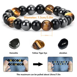 Zoonvii Pack of 2 Tiger's Eye Bracelet, Black Tourmaline Stone Bracelet, Triple Protection, Obsidian Hematite Bracelet, Gift for Friends, Husband, Father, Platinum Alloy, Tiger Eye Stone