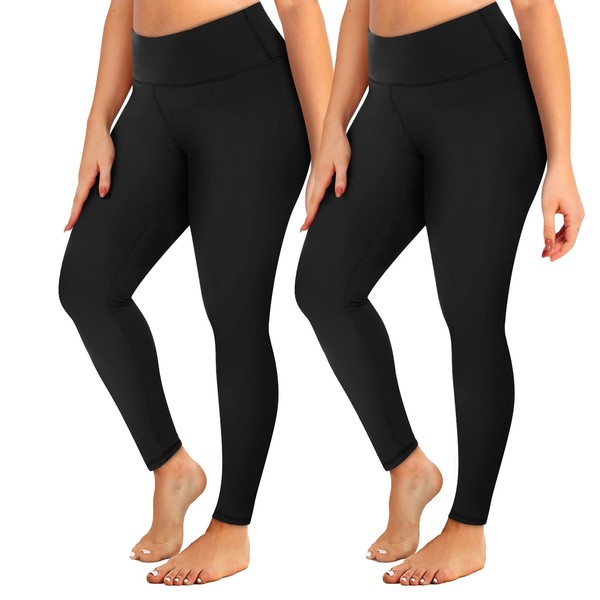 YOLIX 2 Pack Plus Size Leggings with Pockets for Women, 2X 3X 4X High Waisted Black Workout Leggings