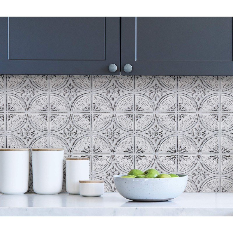 Camden Antique White Faux Tin Peel & Stick Backsplash Tiles