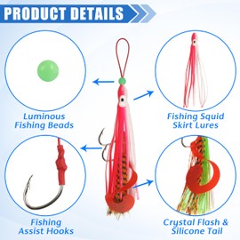 Squid Fishing Lures Set, 5pcs Soft Luminous Lifelike Squid Jigging Lures with Double Split Rings Glow in The Dark Octopus Skirt Double Assist Hook for Saltwater Freshwater (5/0)