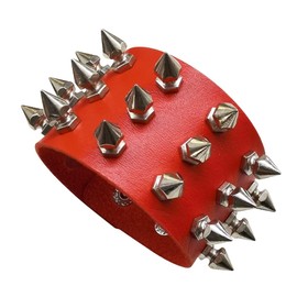 Spike Studded Punk Bracelet, Rock Biker Wide Strap Leather Cuff Red