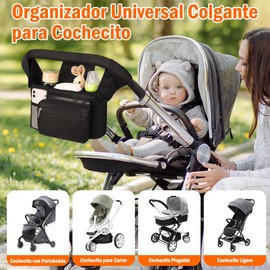 Organizador Universal para Carriola con Portavasos, Bolsa de Almacenamiento Ajustable, Compatible con Uppababy, Nuna, Baby Jogger y Más, Color Negro
