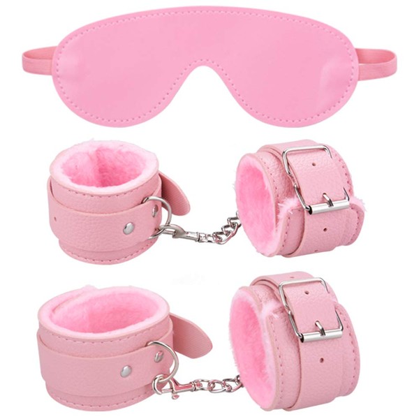 Ninonly SM Goods, SM Set, Restraints, 3-Piece Set, Handcuffs, Ankle Cuffs, Eye Mask, SM Play, Bondage, Fluffy, Adjustable (Pink)