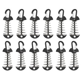 BEANPRECOY 12 Pcs Fishbone Tent Stakes, Deck Anchor Pegs with Carabiners, Windproof Aluminum Deck Tie Down Spring Tent Stakes, Camping Outdoor Fishbone Tent Anchors, Tent Rope Tensioner (Black)