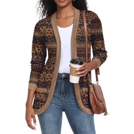 GRECERELLE Cardigan for Women Casual Lightweight Open Front Long Sleeve Printed Femme Sweater Jacket with Pockets, Round Flower Brown, X-Large