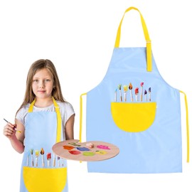 1 Pack Kids Aprons, Yellow and Blue Cute Kids Cartoon Apron Adjustable Waterproof Art Apron with Pockets Girls Boys Paint Apron Art Smock for Cooking Baking Painting & Crafts