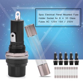 Fuse Holder Socket, Electric Panel Mount Fuse Holder Socket Screw Cap Solder Fuse Holder Fuse Holder for 6 x 30 Glass Fuses AC 125V 15A/250V 10A Black
