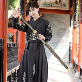 Resnan Hanfu Men Women Chinese Traditional Dress Ancient Chinese Swordsman Martial Art Costume Cosplay Outfit (Black, Large)