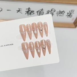 Handmade Press On Nails Long MouyouGlow, Stiletto Nude Pink Sweet 3D Pearl Striped Fairy Rhinestones Resuable Fake Nails, Handmade Artificial Fingernails, 10 Pieces, 219-S