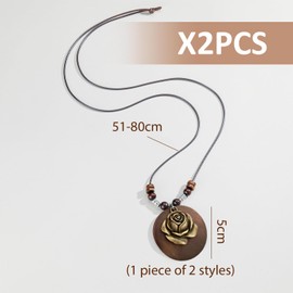 2 Pieces Floral Element Necklace, Wooden Pendant Necklace, Vintage Necklace, Women'S Necklace, Bohemian Style Necklace