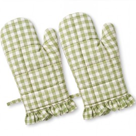 Twistover Checkered Oven Mitts 2-Pack Set, 13.5"x6.5" Cotton Mitts Plaid Heat Resistant Kitchen Gloves with Ruffle Trim, Non-Slip Cooking Gloves for Kitchen, BBQ, Baking, Grilling, Microwave(Green)