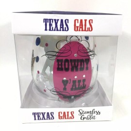 Texas Gals Bedazzled & Painted Howdy Y'All 18oz Glass Stemless Wine Goblet NEW