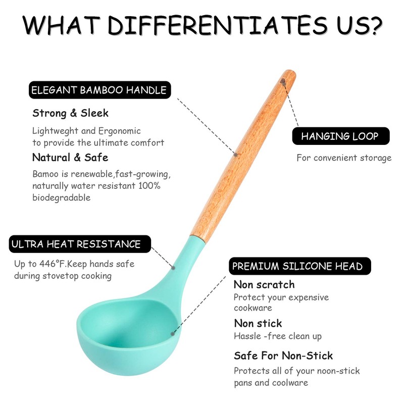 MIBOTE Silicone Cooking Kitchen Utensils Set with Holder, Wooden Handles