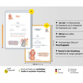 Frank Paperman® Godfather letter for godparents, 3 pieces in one set, certificates for christening, gift for godmother and godmother, with baptism letter, godchild, playful design
