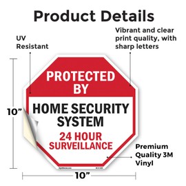 Protected By Home Security System 24 Hour Surveillance 10 inch X 10 inch Octagon Vinyl Label Decal Sticker Weather Resistant, UV Protected for Workplace, Made in the USA