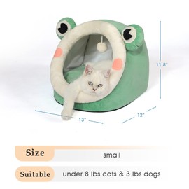 Jiupety Cute Cat Bed, Indoor Lovely Crystal Velvet Igloo for Cat, Warm Cave Sleeping Nest Bed for Puppy and Kitten, Green Frog, S