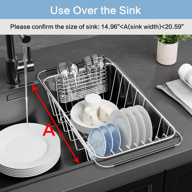 Small Dish Drainer Rack in Sink Adjustable, Expandable 304 Stainless
