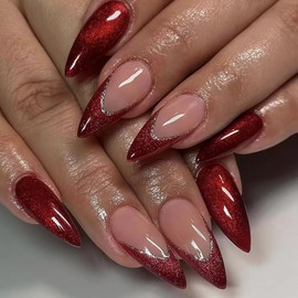 MISUD Press on Nails Almond Medium Fake Nails Glossy Glue on Nails Wine Red French Tip Acrylic Nails Stiletto Artificial Nails Bling Glitter Stick on False Nails with Design 24 pcs