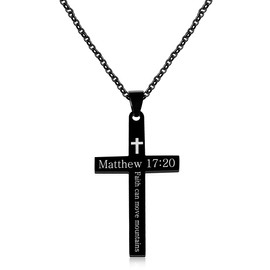 Uloveido Black Faith Cross Necklace – Engraved Matthew 17:20 Bible Verse, Inspirational Religious Pendant for Men and Women, Faith Moves Mountains Scripture Necklace YA5186 (Black Color)