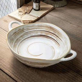 Handcrafted Ceramic Bowl with Handles – 7.7” Free-Form Edge, Embossed Spiral Pattern, 700ml – Multipurpose Serving & Decor – Oven, Microwave, Dishwasher Safe