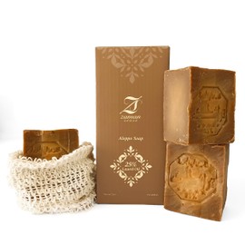 Zaman Sense Premium Aleppo Soap with 25% Laurel Oil, Pack of 3 (3 x 200 g) Including Cotton Soap Bag, Basic Natural Soap Made from Olive Oil, Vegan & Plastic-Free, Gentle Cleaning
