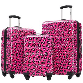 Merax Luggage Sets 3 Piece, Hardside Expandable Suitcase Set with Spinner Wheels, Lightweight Leopard Luggage 20+24+28 IN, Leopard Hot Pink