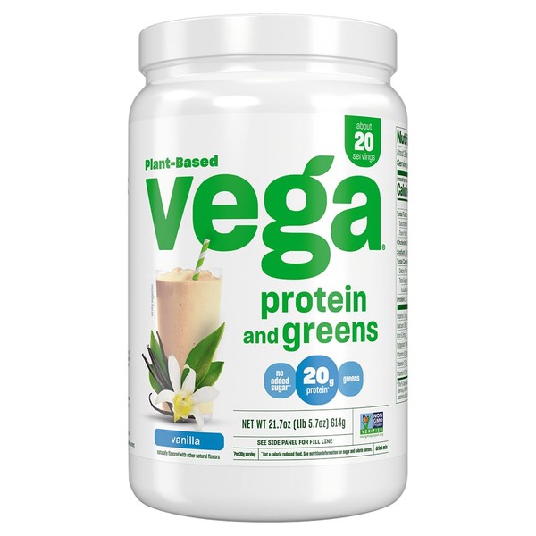 Vega Protein and Greens Protein Powder, Vanilla - 20g Plant Based Protein Plus Veggies, Vegan, Non GMO, Pea Protein for Women and Men, 1.4 lbs (Packaging May Vary)