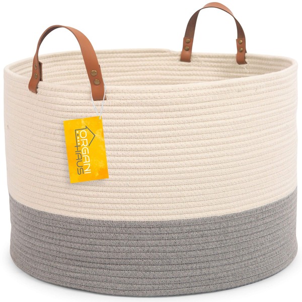 OrganiHaus XXL Extra Large Cotton Rope Basket with Real Leather Handles | Wide 20"x13" Woven Storage Basket| Decorative Blanket Basket with Genuine Leather Handles (Off-White/Grey)