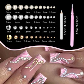 2 Boxes Flatback Pearls Nail Charms and Metal Nail Beads, White Beige Half Round Nail Art Pearls, Mixed Sizes Gold Silver Beads Nail Gems, Acrylic Nail Jewelry Pearls for Nail Art Design Crafts