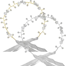 2Pcs Flower Headband, White Pearl Flowers Hair Band with String Beads Soft Wire Pearl Flower Headband for Women Girls