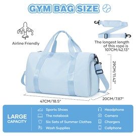 HYC00 Gym Bag Womens Mens Small Sports Duffle Bags with Shoes Compartment & Wet Pocket Weekend Travel Duffel Bag for Women Carry on Overnight Bags Lightweight Holdall Hospital for Yoga,Light Blue