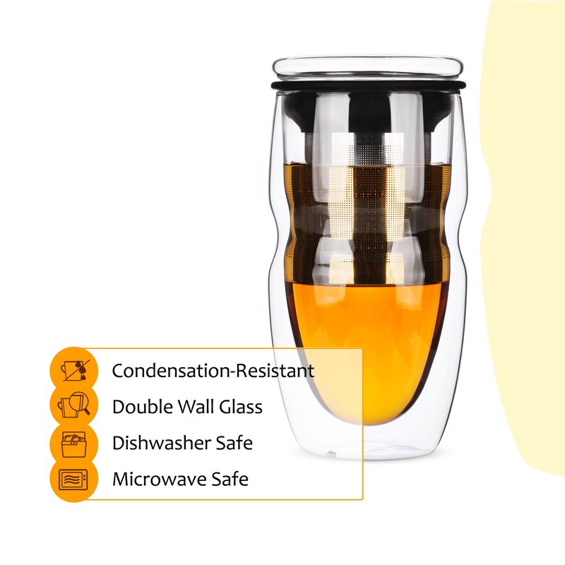 BTAT- Double Wall Glass Tea Cup With Stainless Steel Infuser,