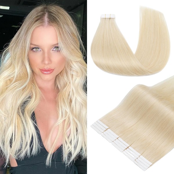Hairro Tape in Hair Extensions Human Hair, 16 inch #60 Platinum Blonde 50g Tape in Human Hair Extension Real Remy Hair Invisible Seamless Skin Weft for Women 20pcs Straight Tape Hair (16 inch, #60, 50g)
