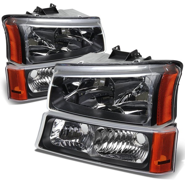 DNA MOTORING HL-OH-CS03-4P-BK-AM Black Amber Headlights Compatible with 2003-2006 Chevy Silverado/Avalanche Fit Models without Factory Cladding