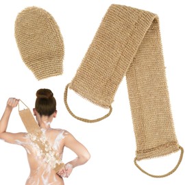 Ptwola Exfoliating Back Scrubber Band & Glove, Natural Hemp Shower Bath Towel Strap with Mitt, Durable Body Wash Deep Cleaning Brush Loofah with Handle Dead Skin Removal for Men Women