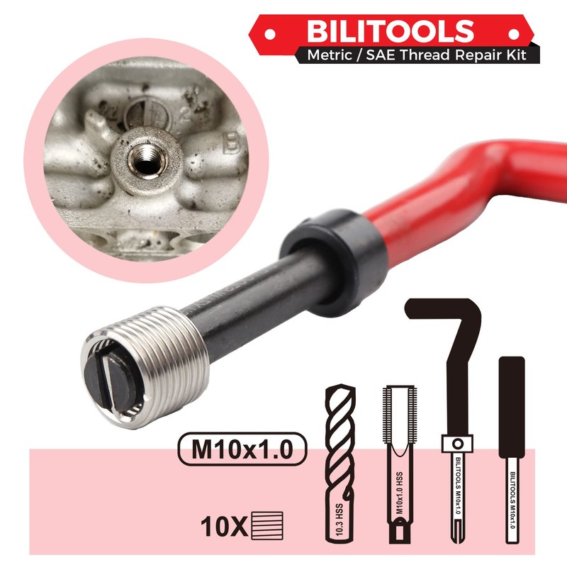 BILITOOLS M10x1.0 Thread Repair Kit, HSS Drill Helicoil Repair Kit